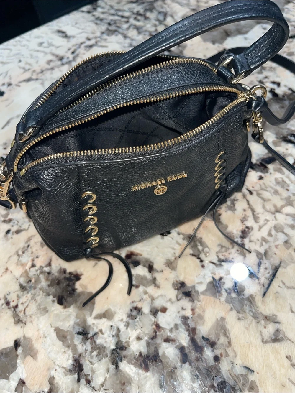 MICHAEL Michael Kors Black Leather Satchel with Gold Eyelet Accents